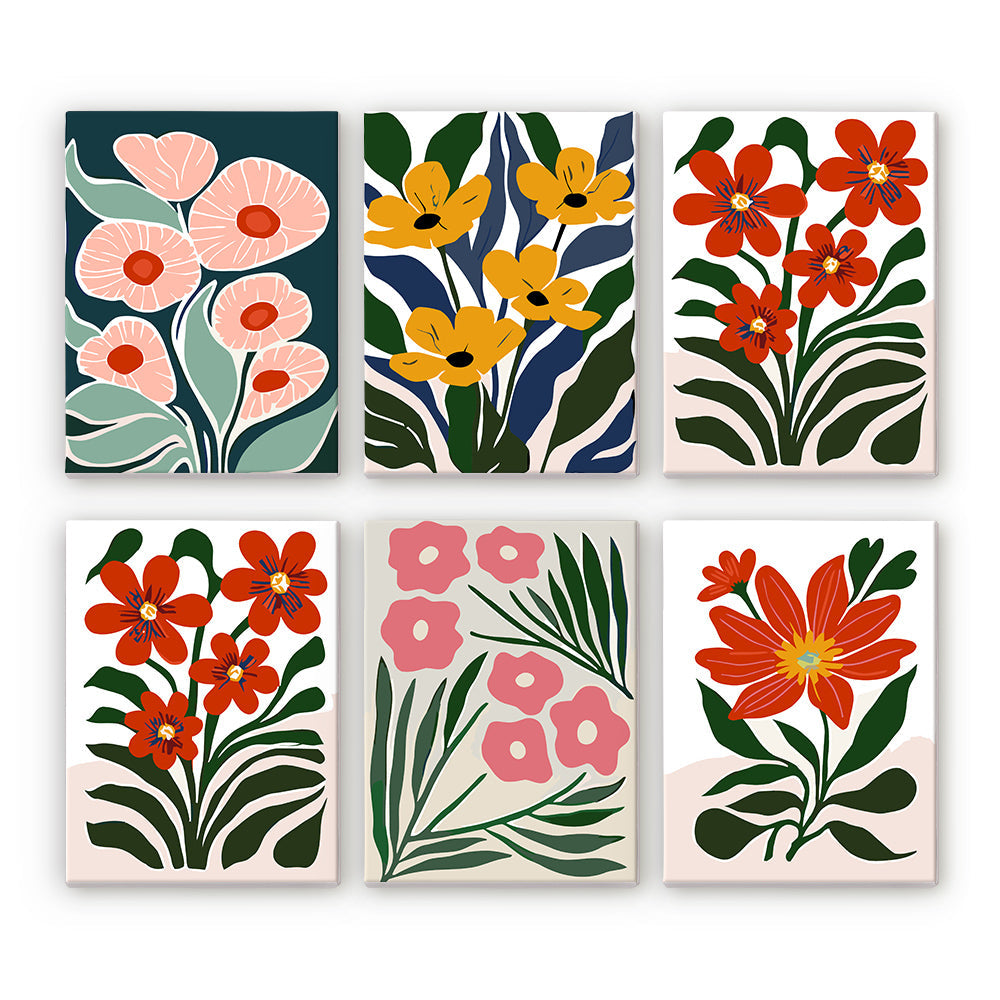Felgekleurde Bloemen tussen Groene Bladeren 6 Stuks Mini Schilderen op Nummers