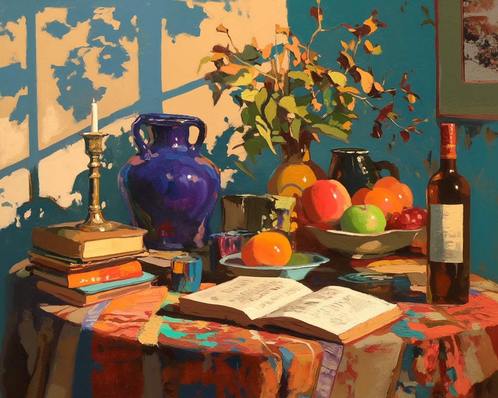 Fruit, Boeken en Wijn op Tafel Schilderen op Nummers