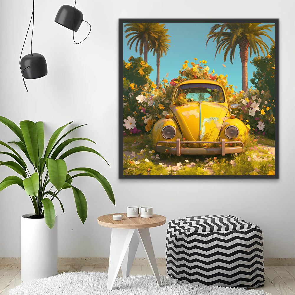 Gele Auto en Bloemen op Het Eiland Schilderen op Nummers
