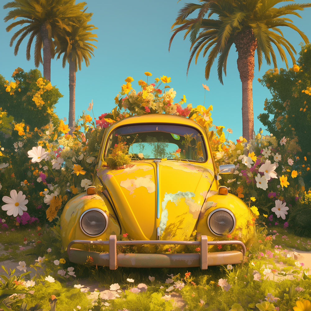 Gele Auto en Bloemen op Het Eiland Schilderen op Nummers