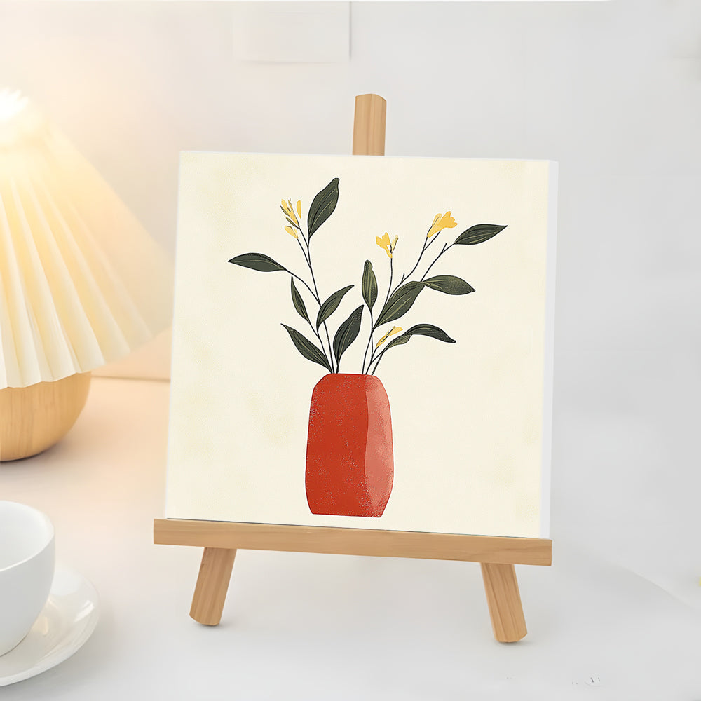 Gele Bloemen in een Rode Vaas Mini Schilderen op Nummers