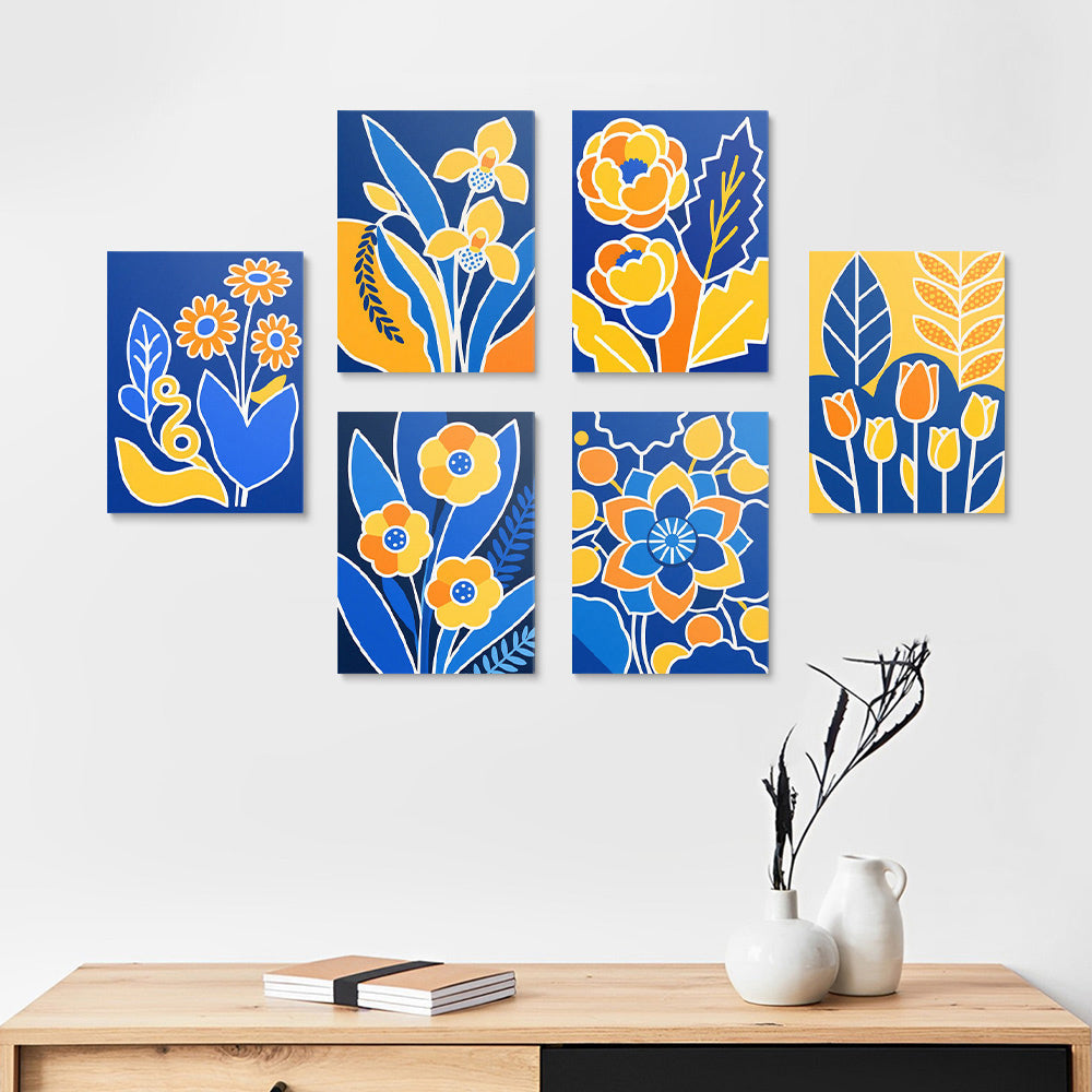 Gele Bloemen op een Blauwe Achtergrond 6 Stuks Mini Schilderen op Nummers