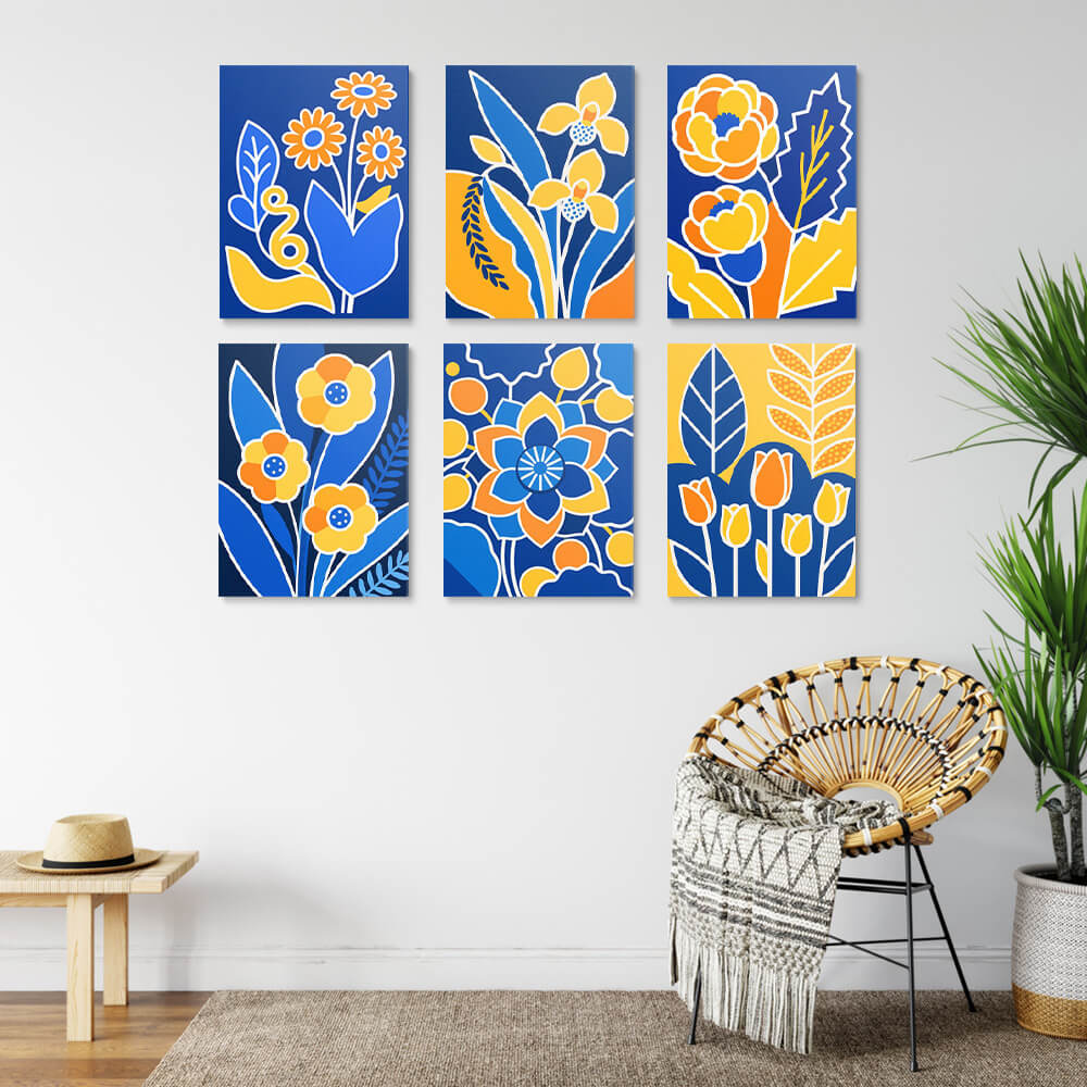Gele Bloemen op een Blauwe Achtergrond 6 Stuks Mini Schilderen op Nummers