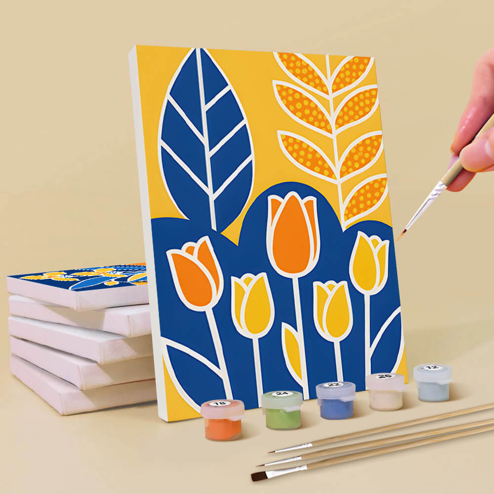 Gele Bloemen op een Blauwe Achtergrond 6 Stuks Mini Schilderen op Nummers
