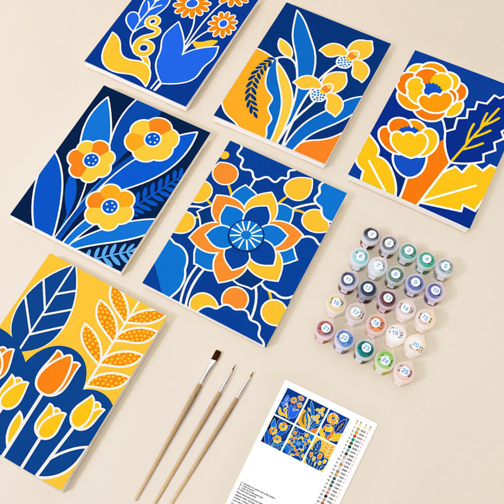 Gele Bloemen op een Blauwe Achtergrond 6 Stuks Mini Schilderen op Nummers