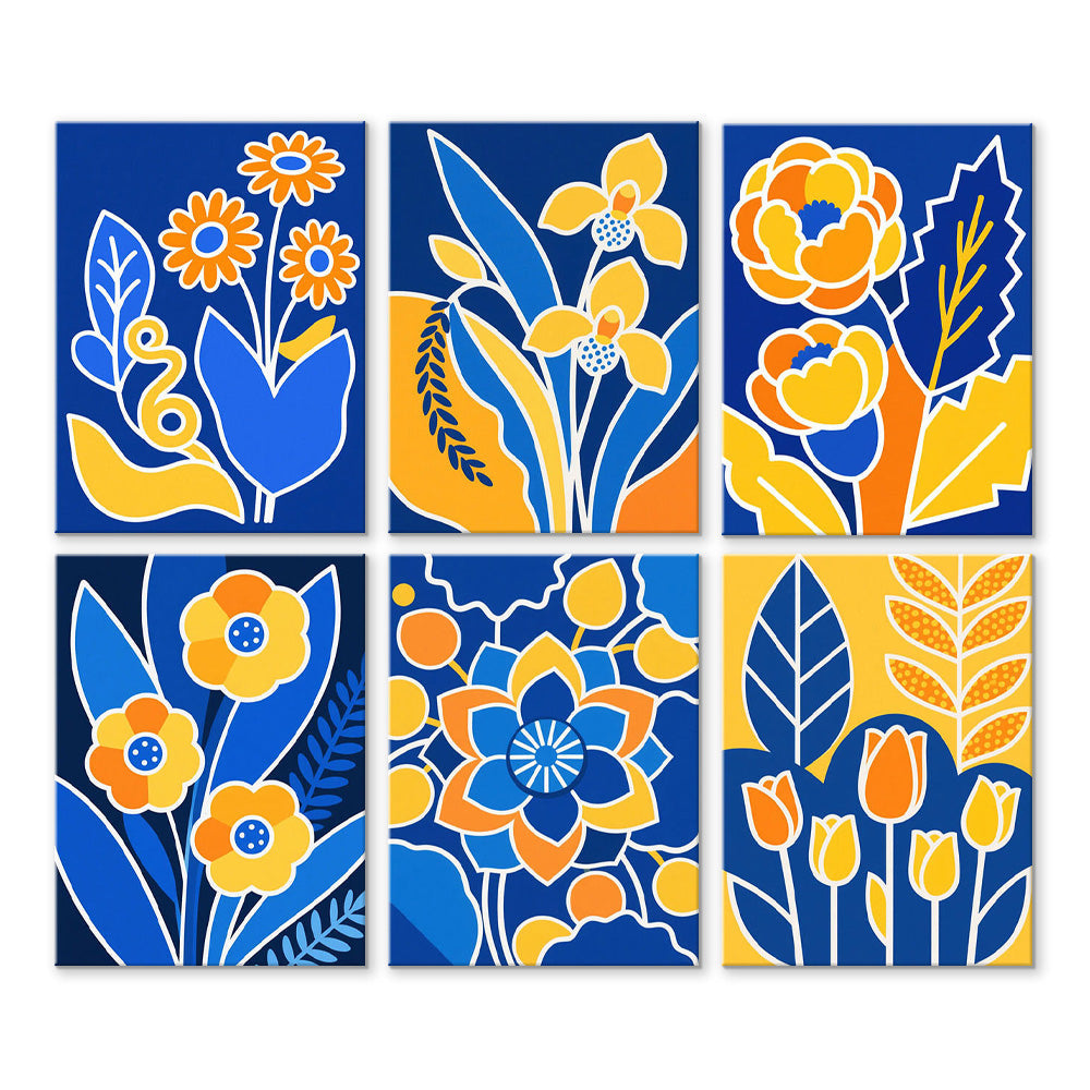 Gele Bloemen op een Blauwe Achtergrond 6 Stuks Mini Schilderen op Nummers