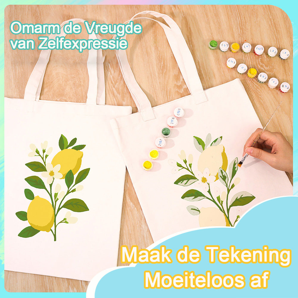 Gele Citroenen en Witte Bloemen Canvas Tote Bag Schilderen op Nummers