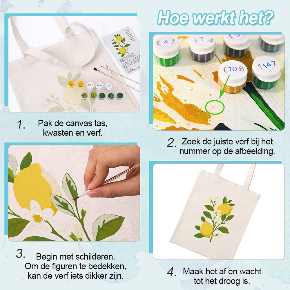 Gele Citroenen en Witte Bloemen Canvas Tote Bag Schilderen op Nummers