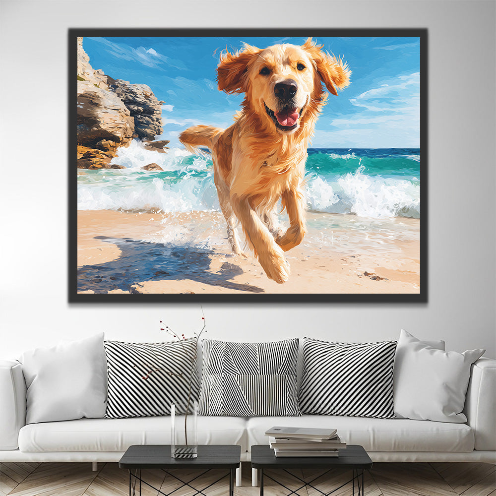 Golden Retriever Rent Vrolijk langs de Zee Schilderen op Nummers