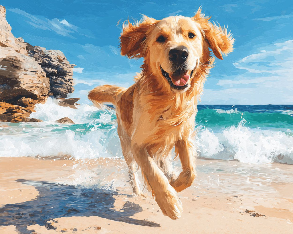 Golden Retriever Rent Vrolijk langs de Zee Schilderen op Nummers
