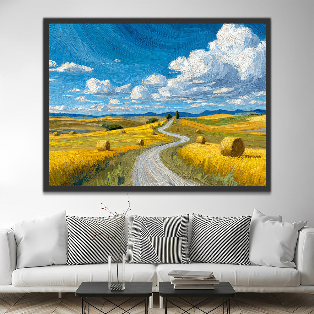 Gouden Velden onder Blauwe Lucht en Witte Wolken Schilderen op Nummers