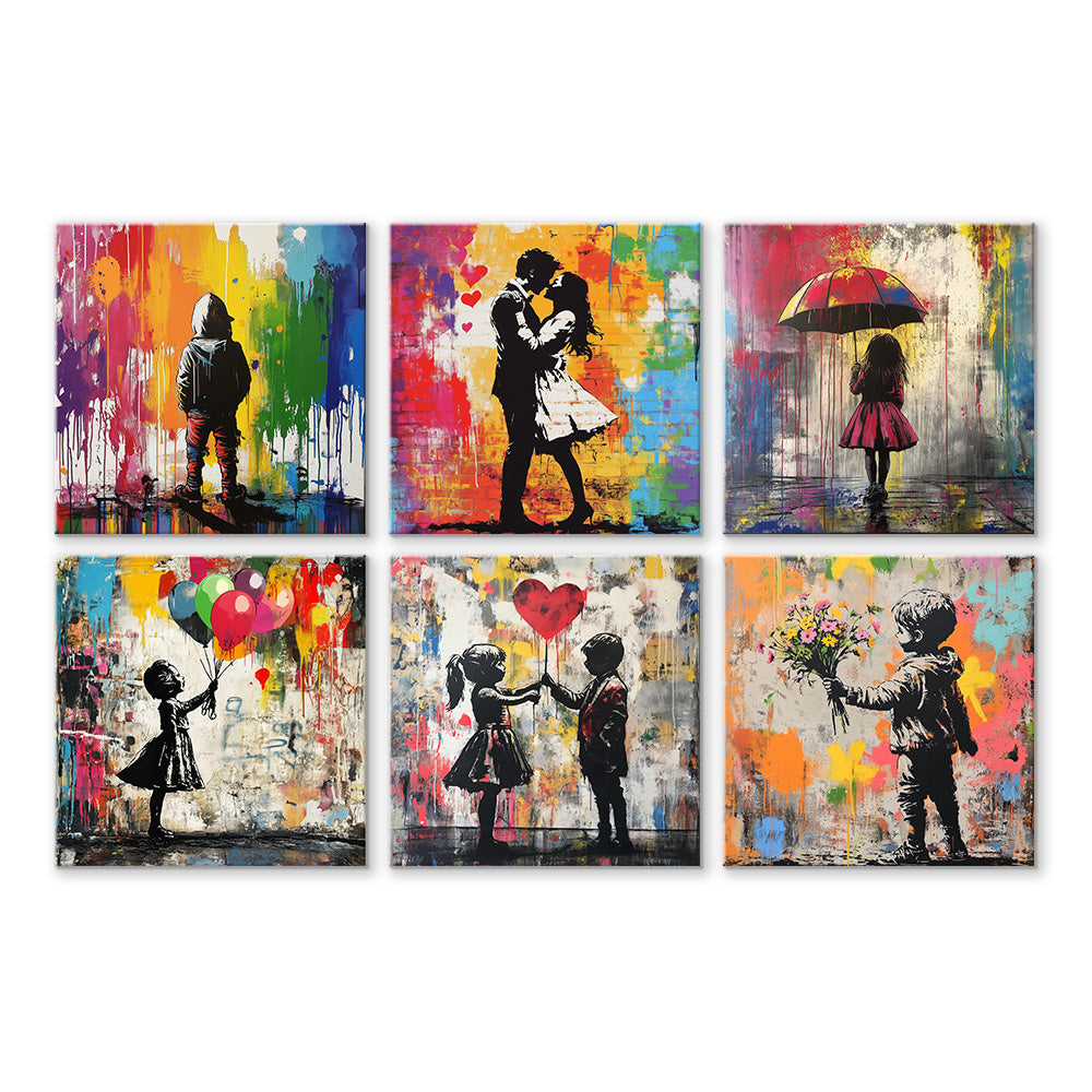 Graffitistijl Koppel en Kinderen 6 Stuks Mini Schilderen op Nummers