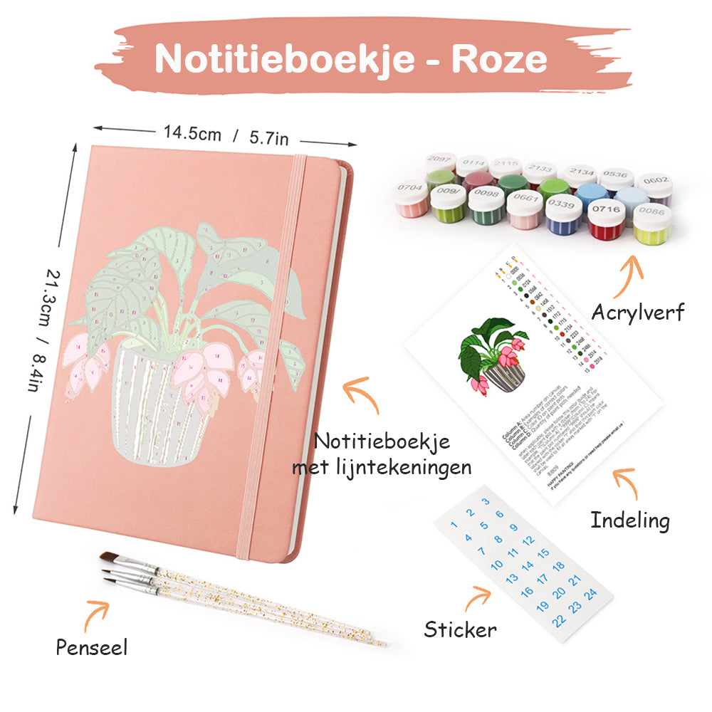 Groene Kamerplanten met Rode Bloemen Notitieboek Schilderen op Nummers