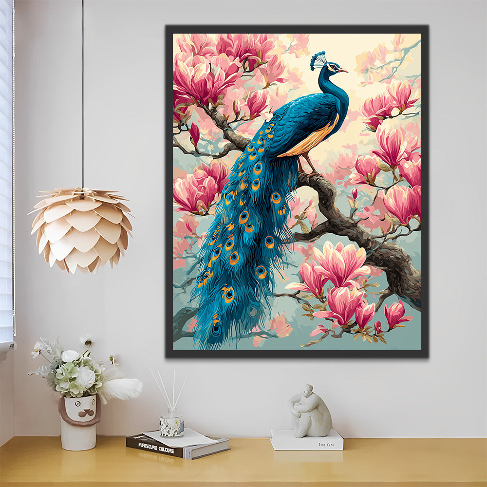 Groene Pauw op een Roze Magnoliaboom Schilderen op Nummers