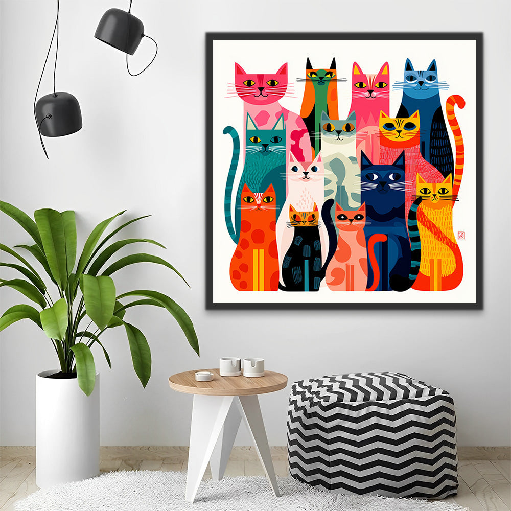 Groep Lachende Kleurrijke Katten Schilderen op Nummers