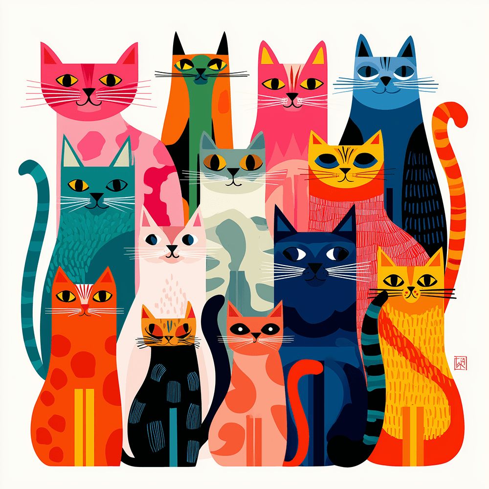Groep Lachende Kleurrijke Katten Schilderen op Nummers