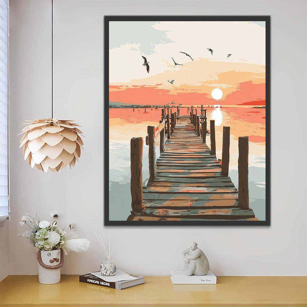 Houten Steiger aan Zee bij Zonsopgang Schilderen op Nummers