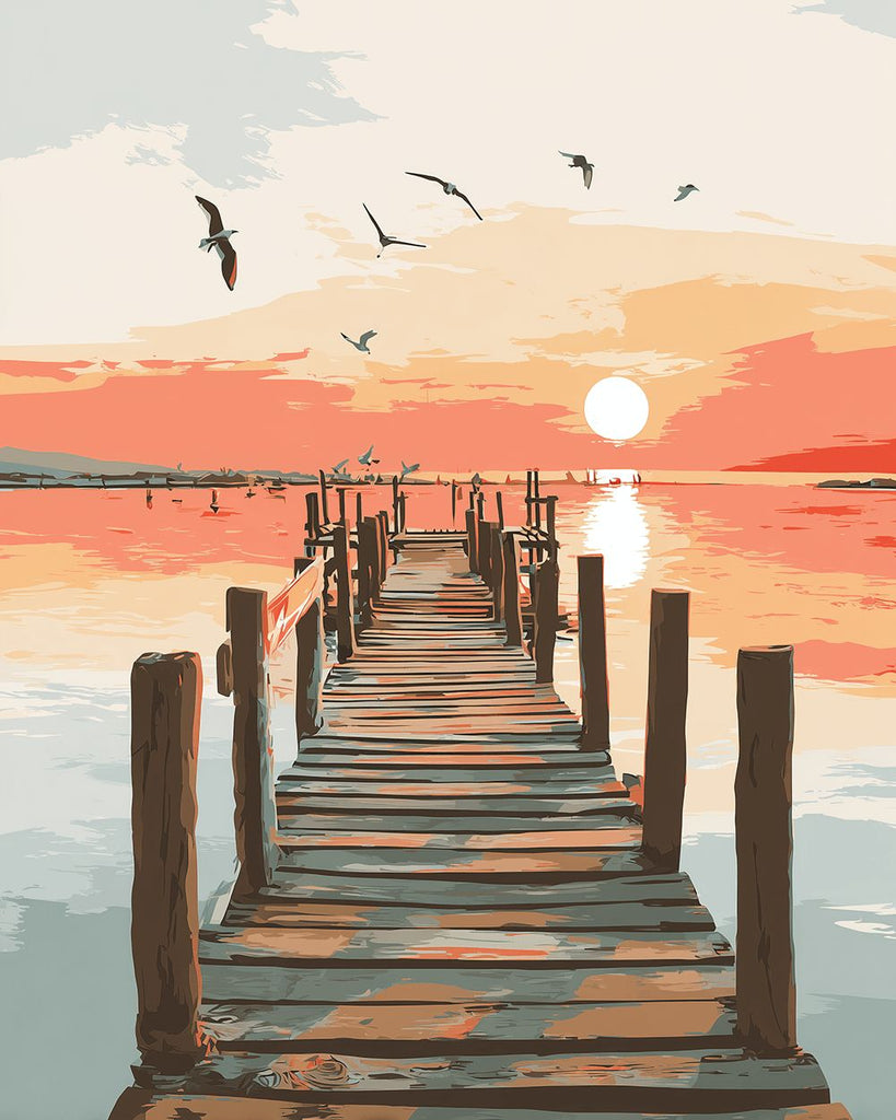 Houten Steiger aan Zee bij Zonsopgang Schilderen op Nummers