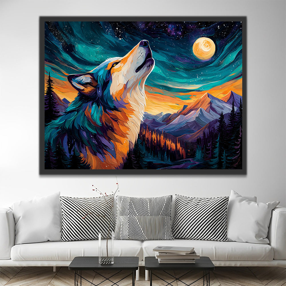 Huilende Wolf onder het Noorderlicht Schilderen op Nummers