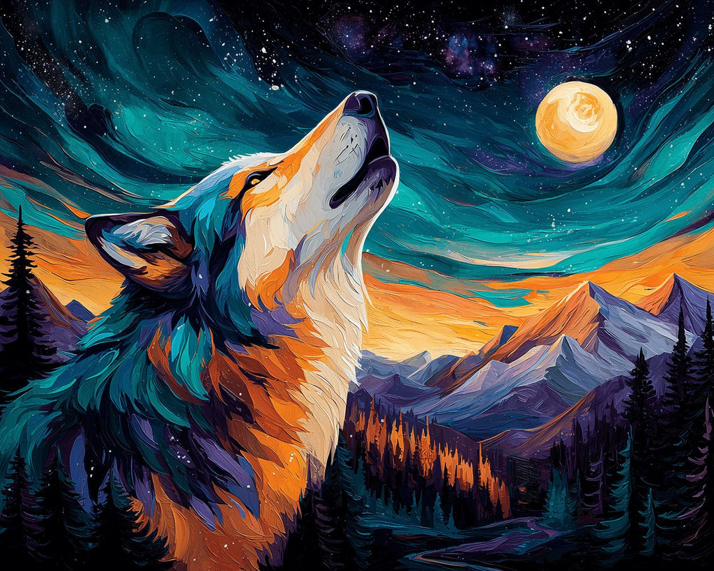 Huilende Wolf onder het Noorderlicht Schilderen op Nummers
