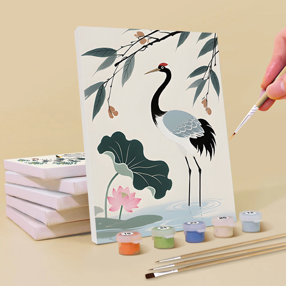 Inkttekening van Kraanvogels en Bamboe 6 Stuks Mini Schilderen op Nummers