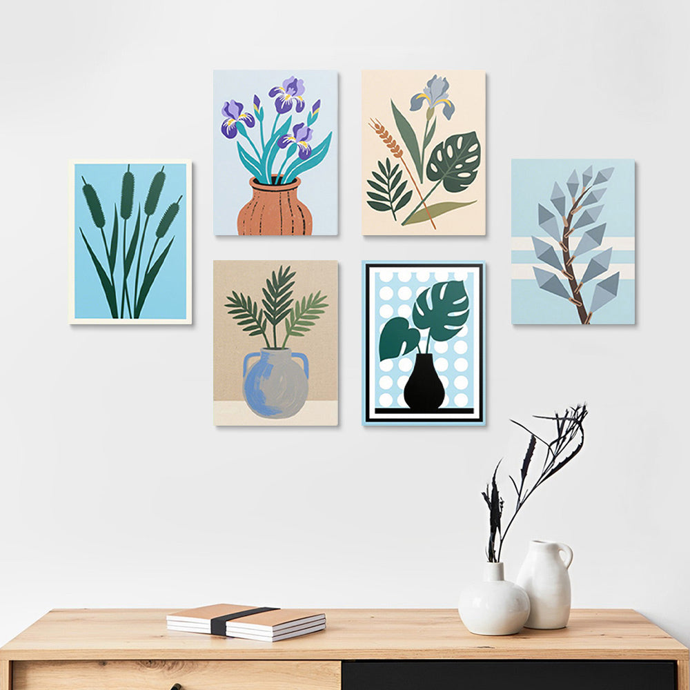 Iris en Monstera Bladeren in Vazen 6 Stuks Mini Schilderen op Nummers