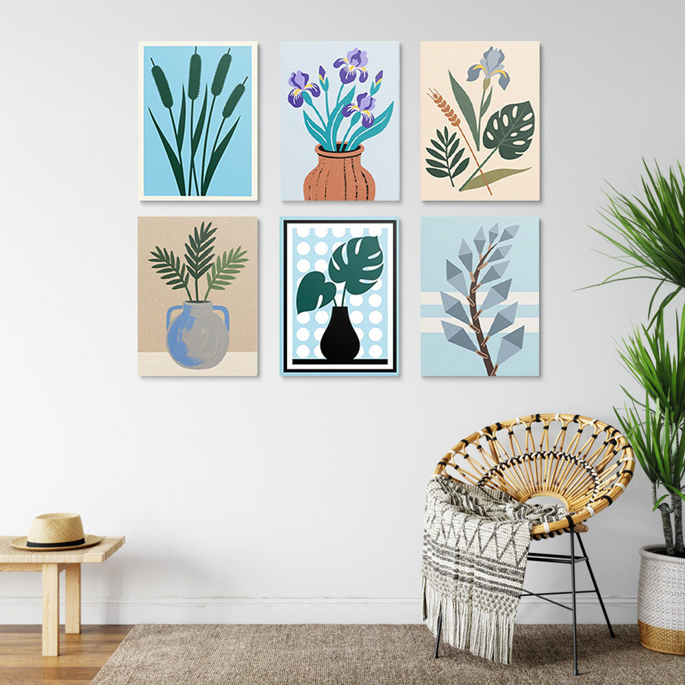 Iris en Monstera Bladeren in Vazen 6 Stuks Mini Schilderen op Nummers