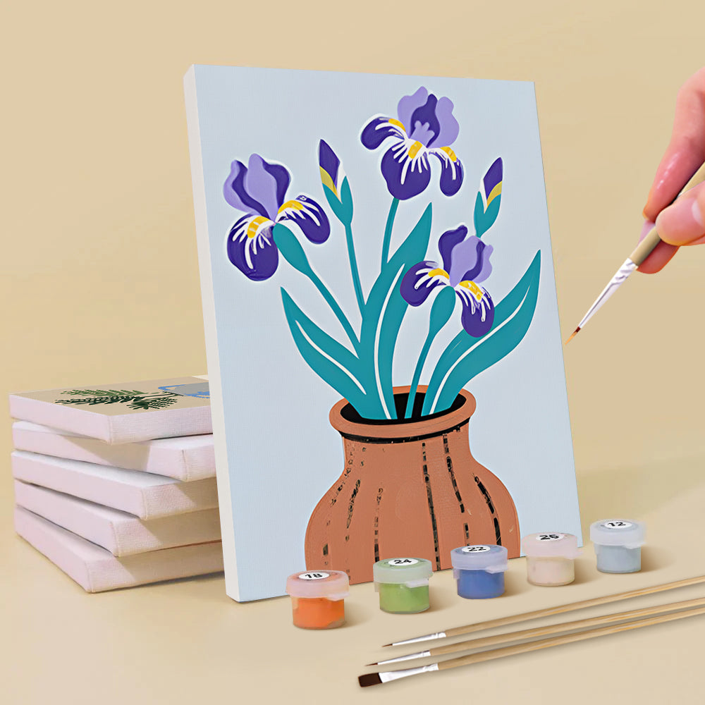 Iris en Monstera Bladeren in Vazen 6 Stuks Mini Schilderen op Nummers