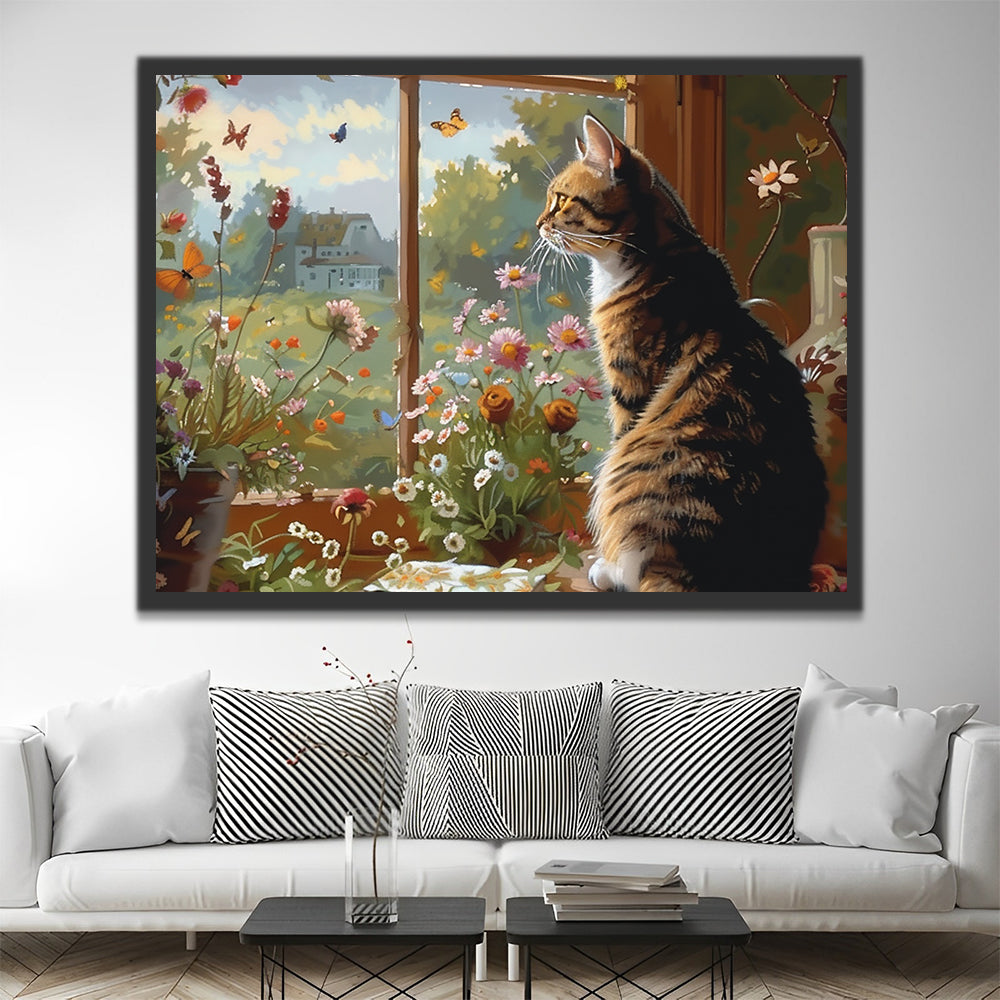 Kat en Bloemen op de Vensterbank Schilderen op Nummers