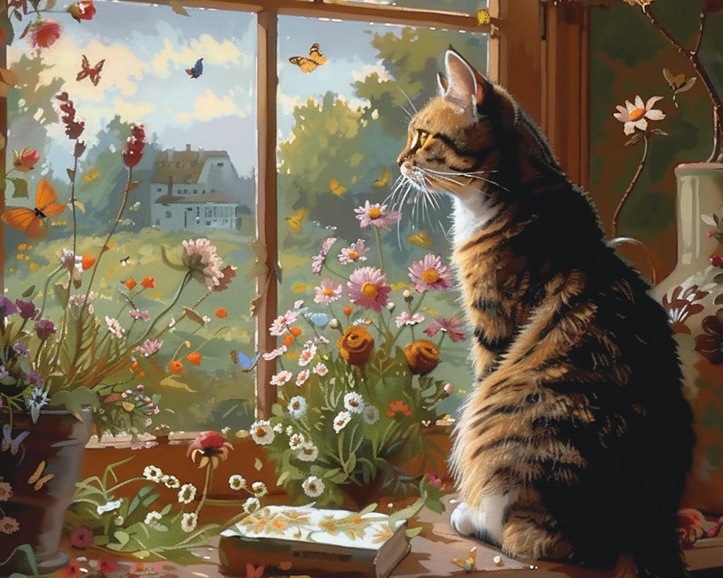 Kat en Bloemen op de Vensterbank Schilderen op Nummers