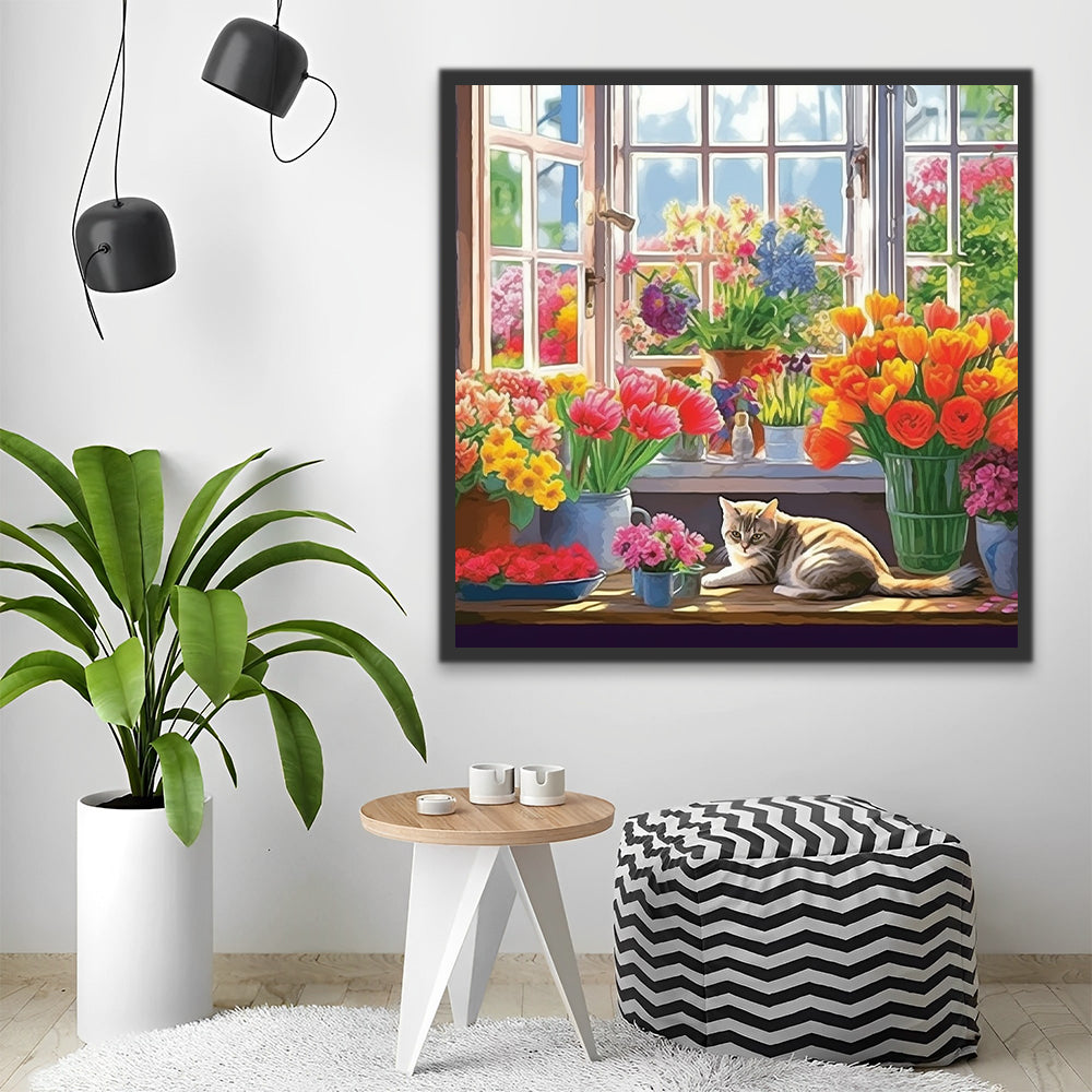 Kat en een vensterbank vol bloemen Schilderen op Nummers