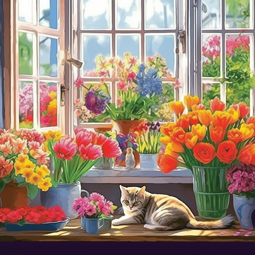 Kat en een vensterbank vol bloemen Schilderen op Nummers