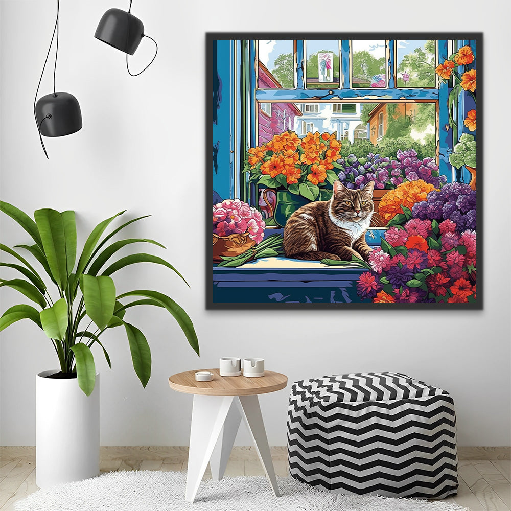 Kat en Kleurrijke Bloemen op de Vensterbank Schilderen op Nummers