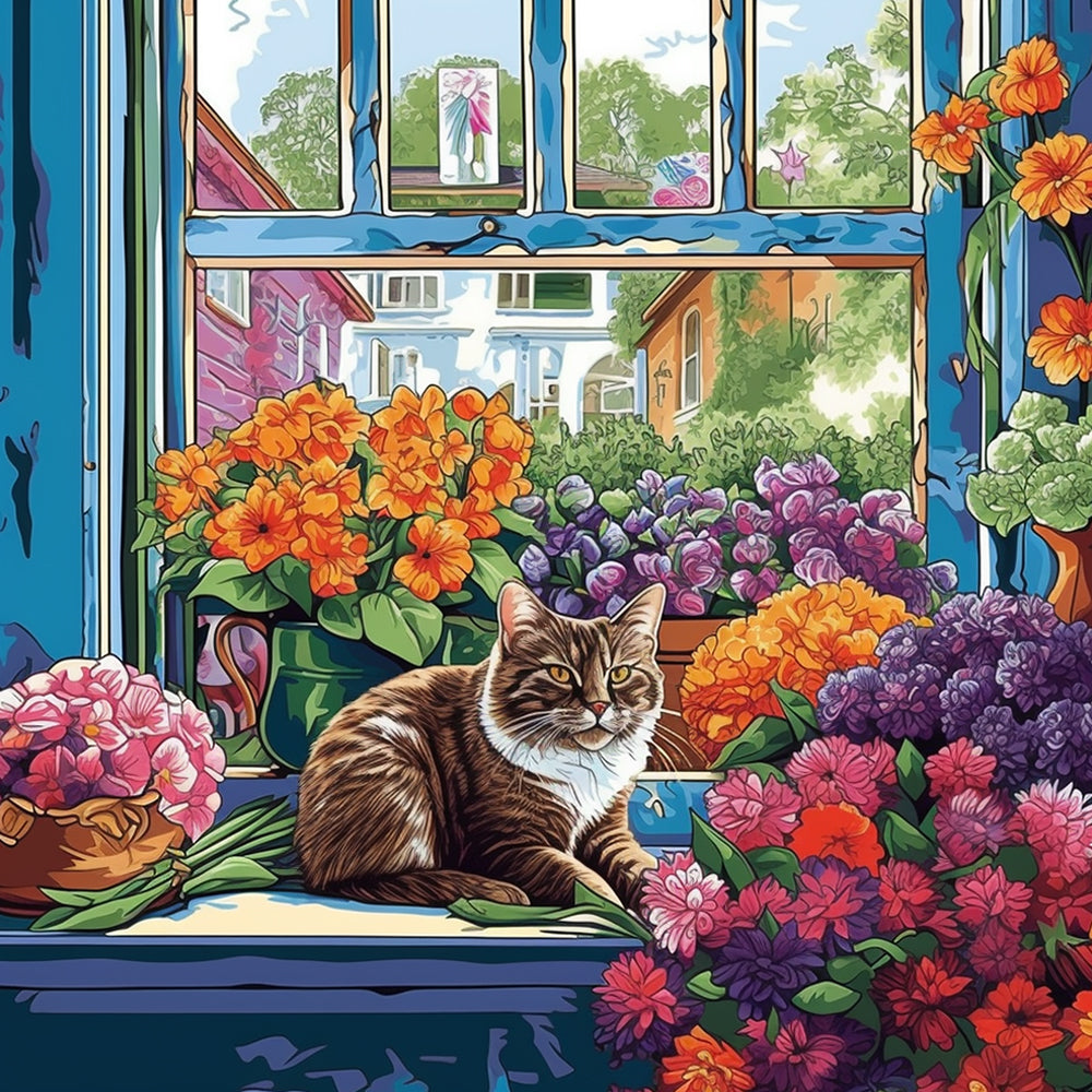 Kat en Kleurrijke Bloemen op de Vensterbank Schilderen op Nummers