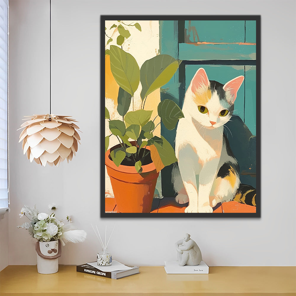 Kat en Potplant bij de Deur Schilderen op Nummers