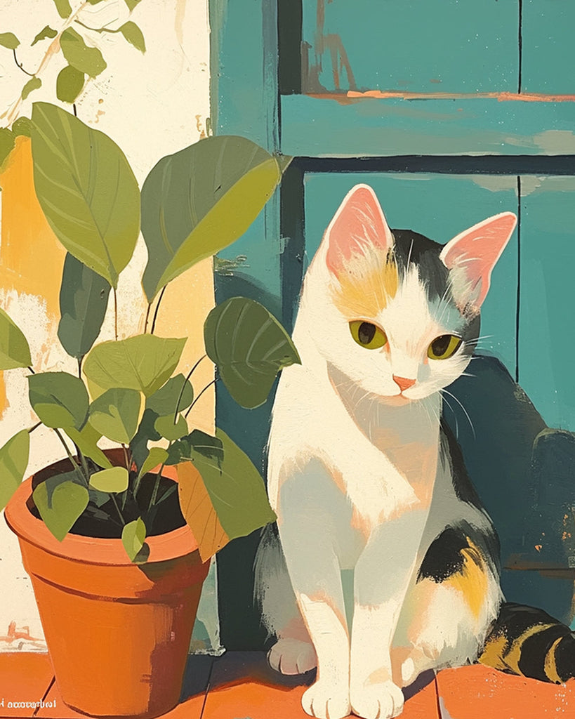 Kat en Potplant bij de Deur Schilderen op Nummers