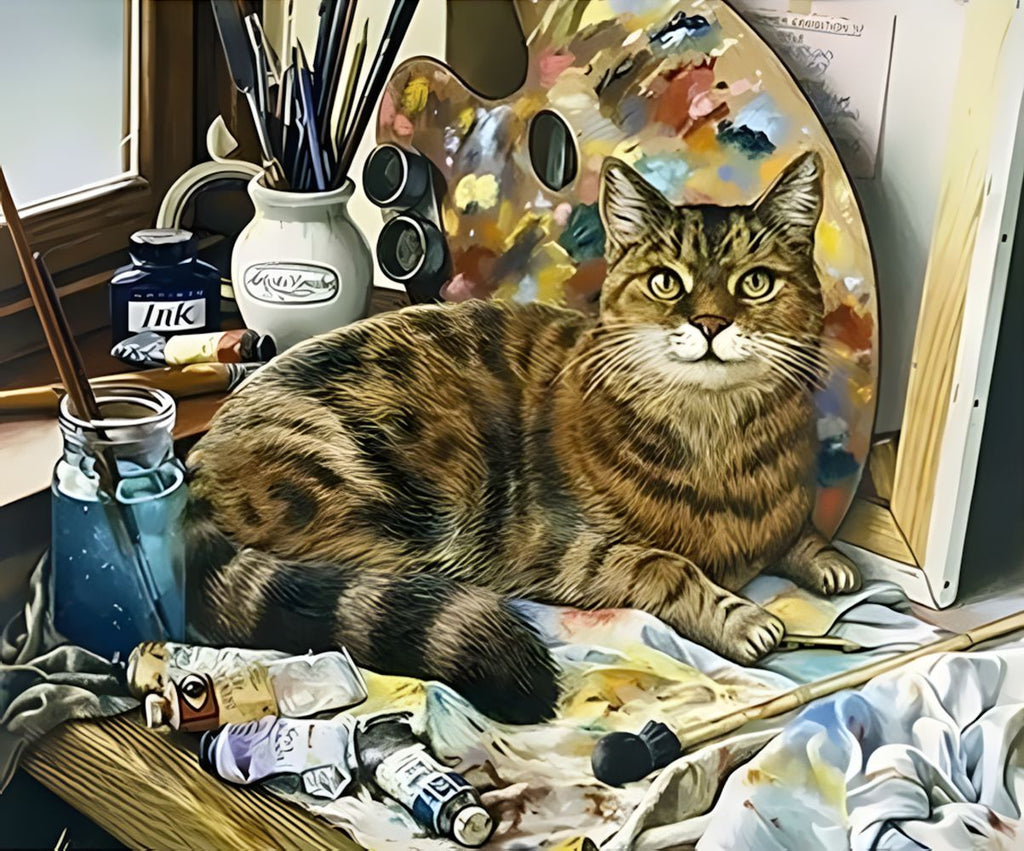 Kat en Verf op Tafel Schilderen op Nummers