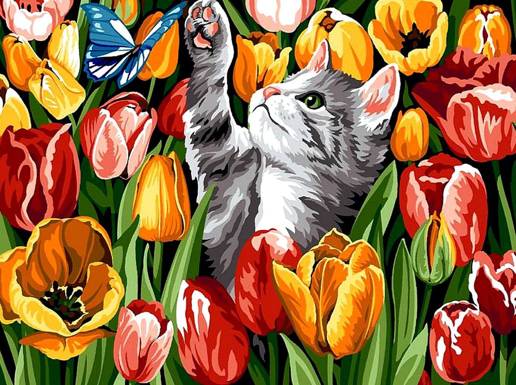 Kat en Vlinder in Tulpenstruik Schilderen op Nummers