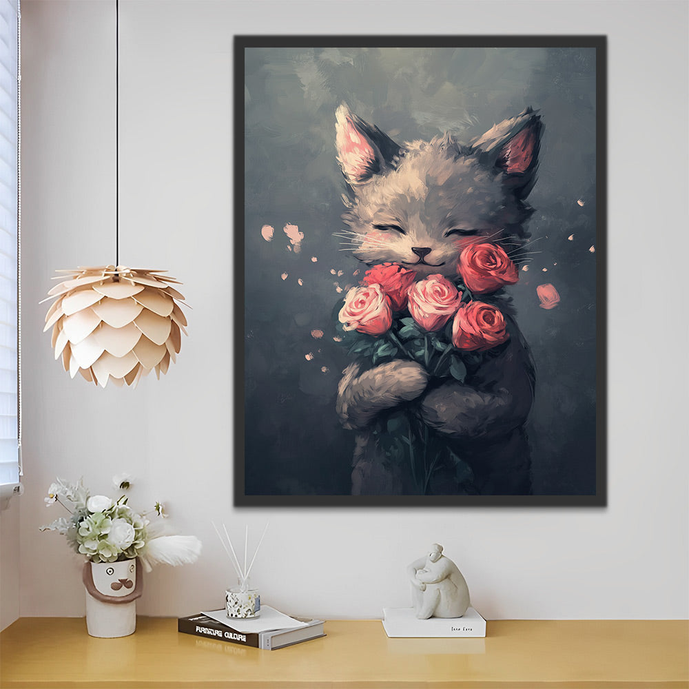 Kat met een Boeket Rozen Schilderen op Nummers