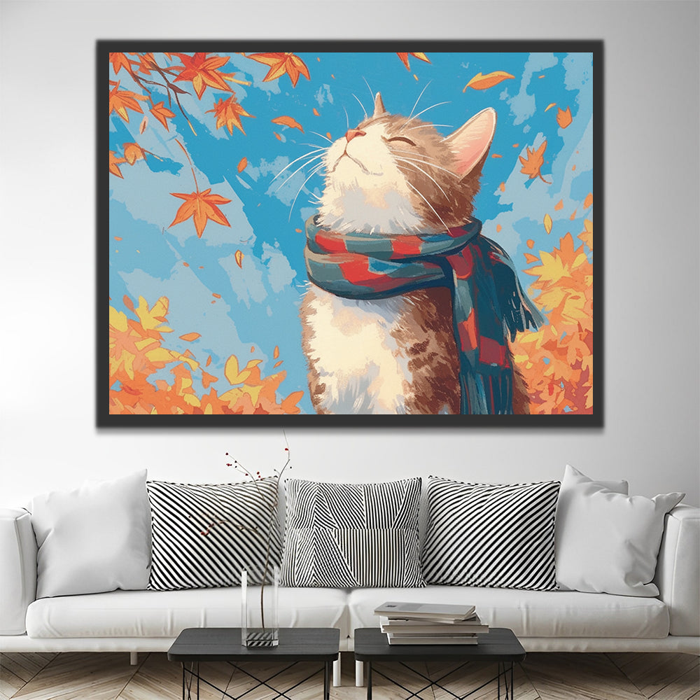 Kat met Sjaal in de Herfst Schilderen op Nummers