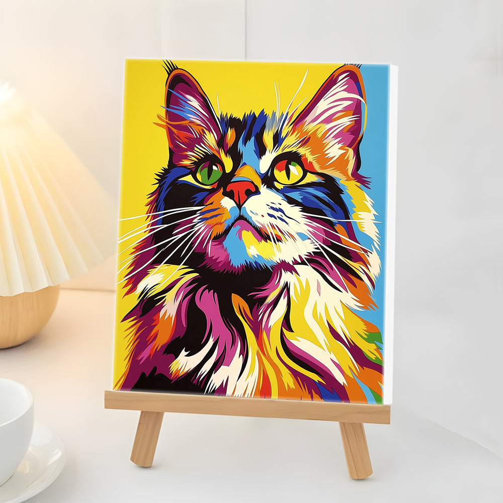 Kat op Gele en Blauwe Achtergrond Mini Schilderen op Nummers