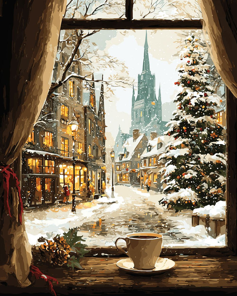 Kerst in de Stad Buiten het Raam Schilderen op Nummers