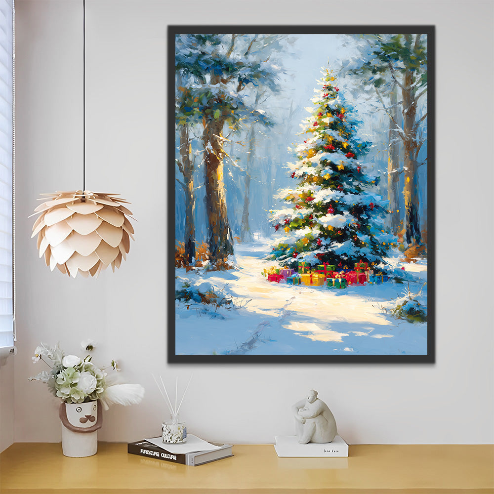Kerstboom in het Besneeuwde Bos Schilderen op Nummers