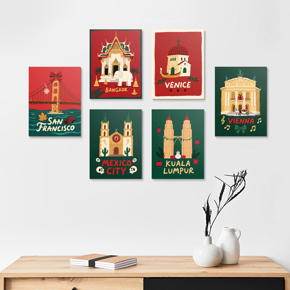 Kerstmis in Beroemde Steden 6 Stuks Mini Schilderen op Nummers