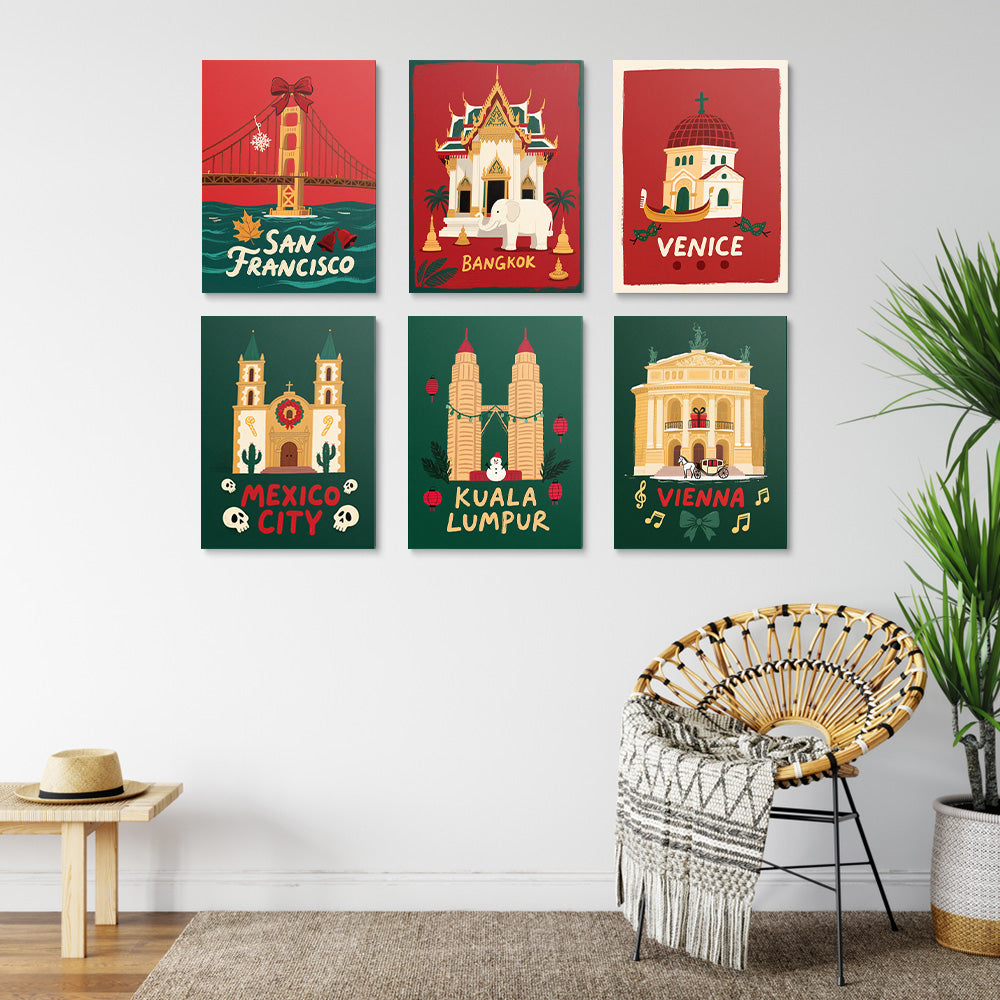 Kerstmis in Beroemde Steden 6 Stuks Mini Schilderen op Nummers