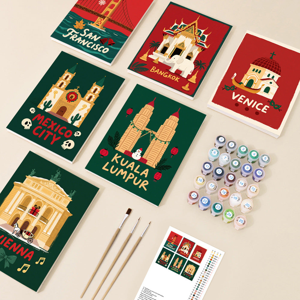 Kerstmis in Beroemde Steden 6 Stuks Mini Schilderen op Nummers