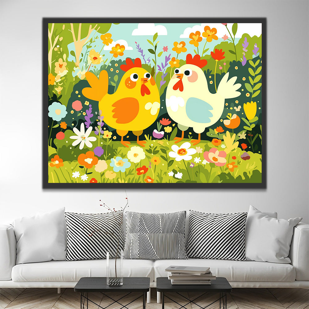 Kippen in een Veld met Lentebloemen Schilderen op Nummers