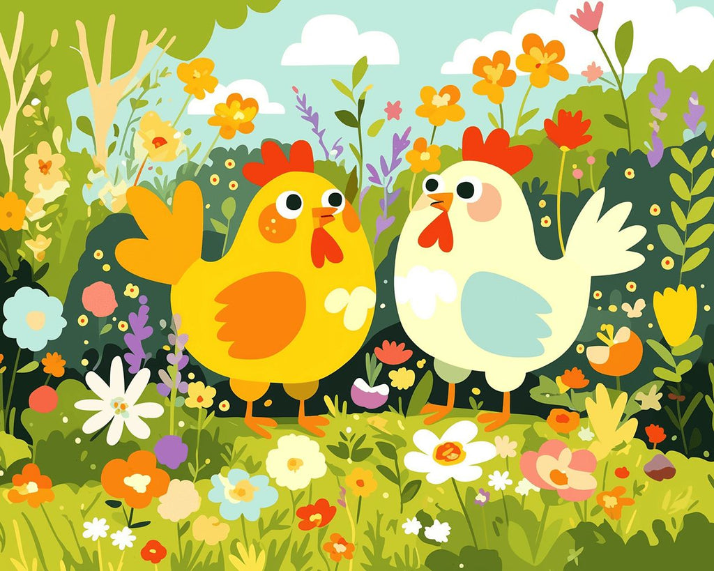 Kippen in een Veld met Lentebloemen Schilderen op Nummers
