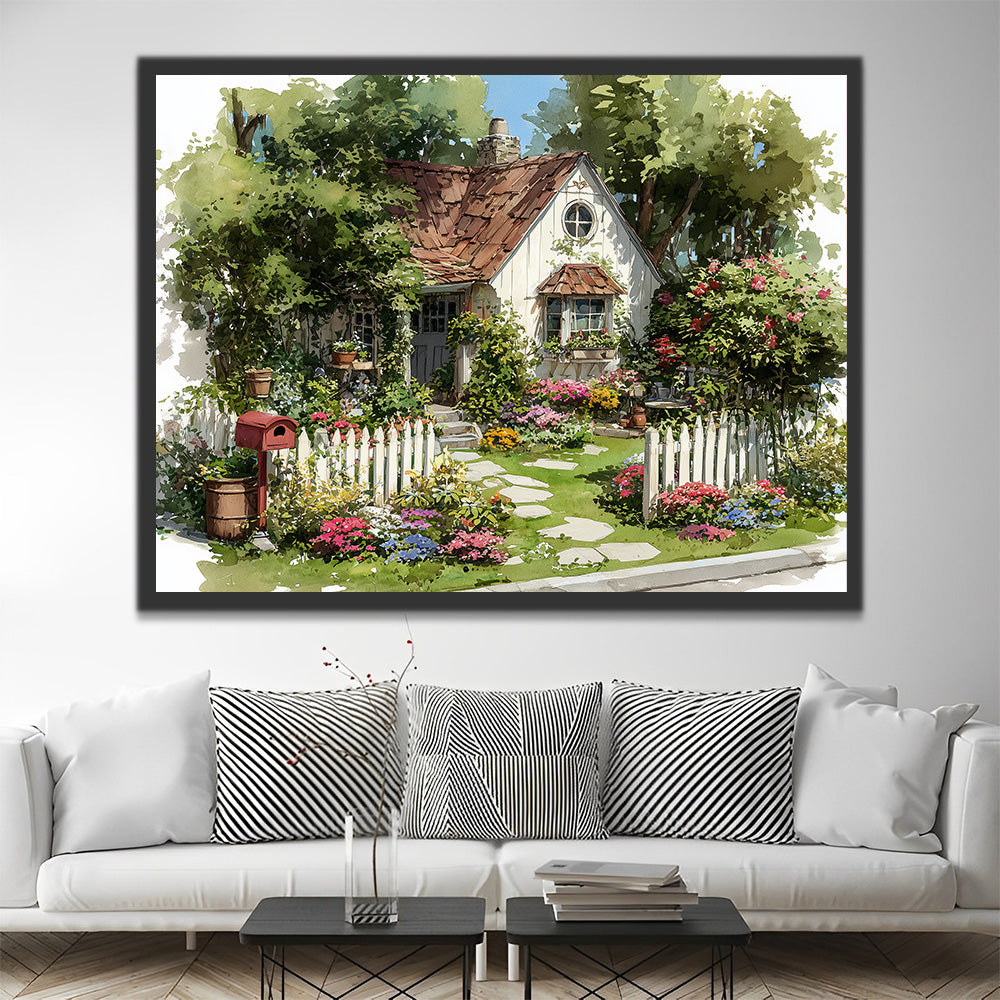 Klein wit Huisje vol Bloemen en Planten Schilderen op Nummers