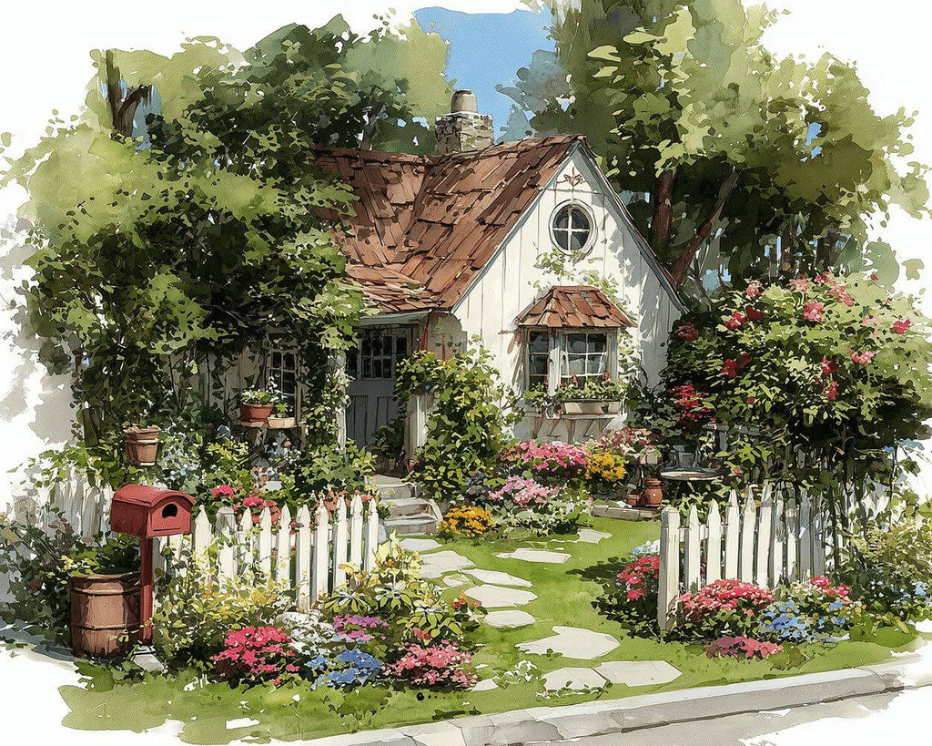 Klein wit Huisje vol Bloemen en Planten Schilderen op Nummers